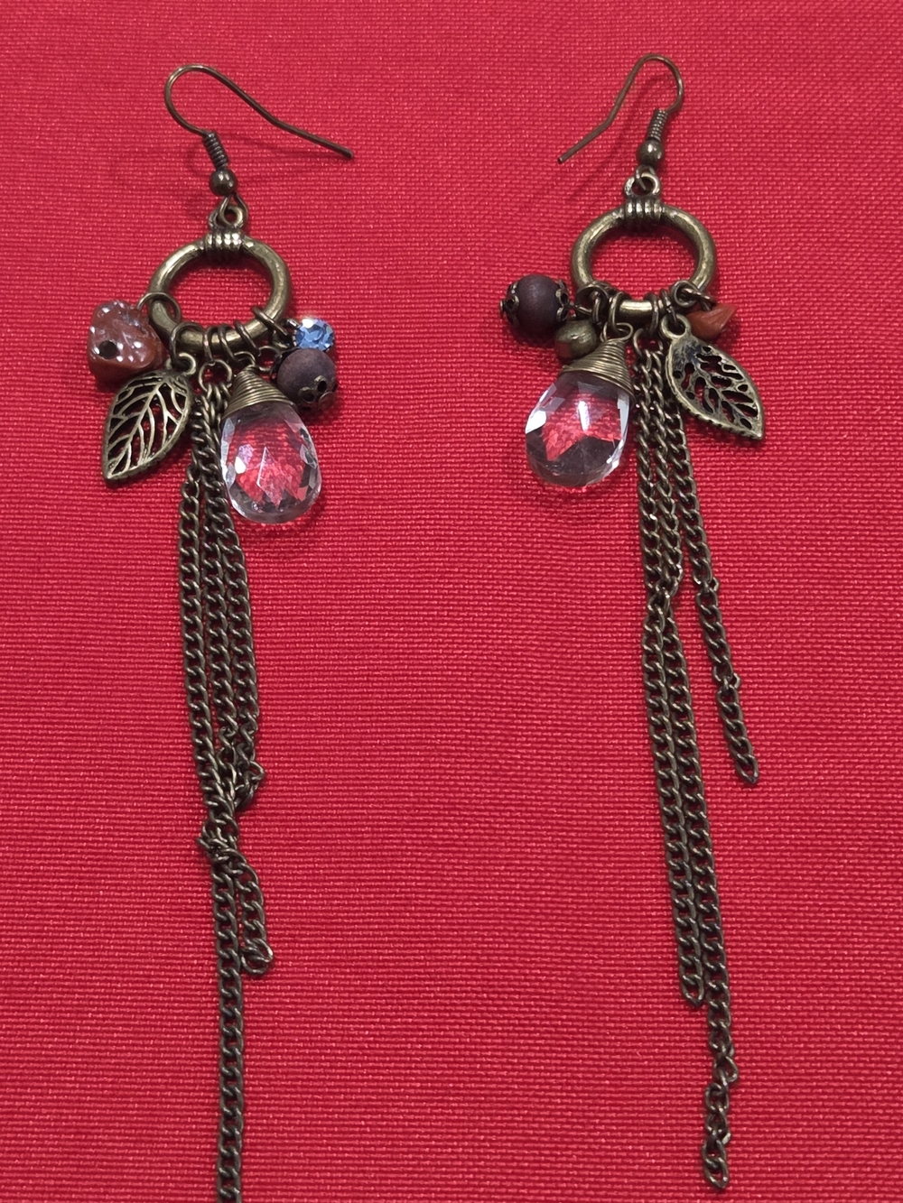 Bohemian Antique Gold-Tone Leaf Tassel Earrings with Pink Crystal